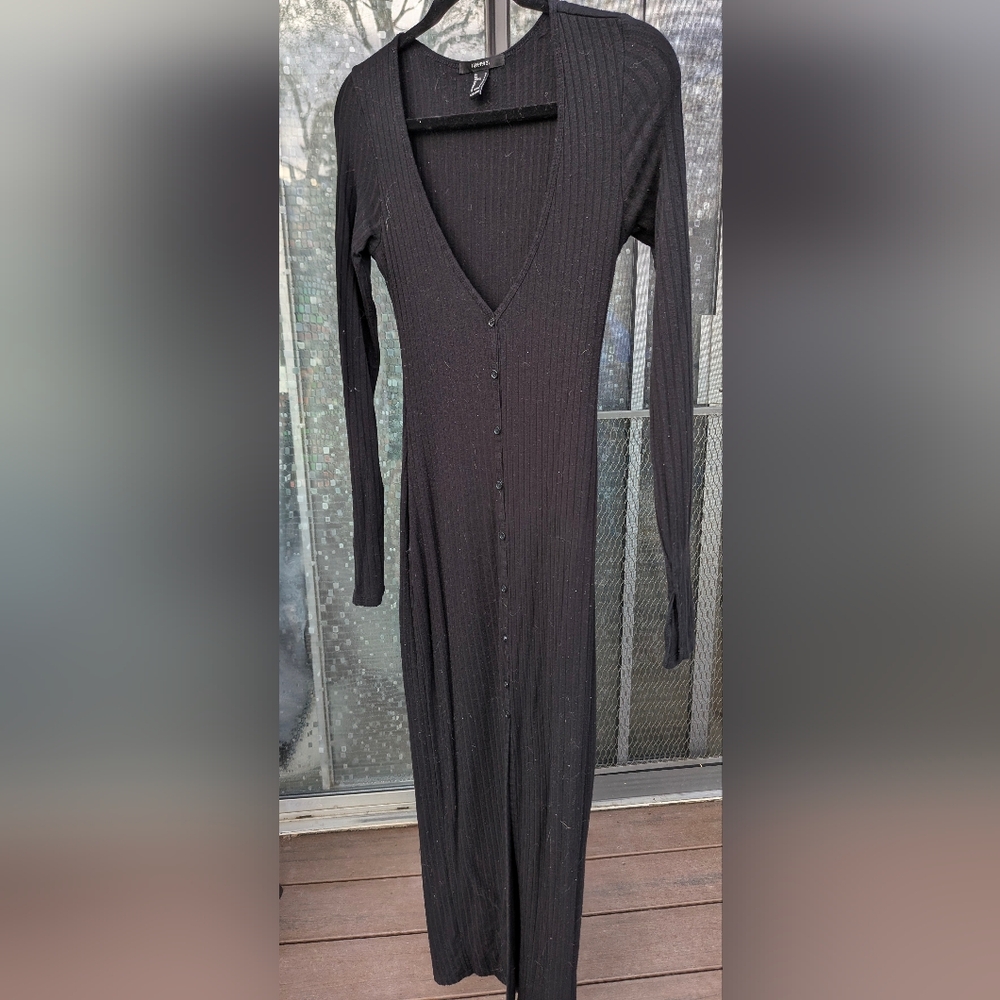 Forever 21 Black Ribbed Long Sleeve Button-Front Dress